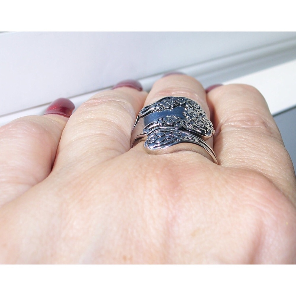 925 STERLING SILVER Vintage Style Flowers Spoon Ring - Picture 4 of 15